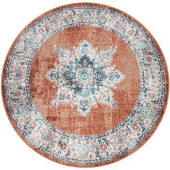 Alfombra de Exterior Redonda de Pelo Corto con Estampado Oriental Marroquí en Color Rojo, Diámetro 160 cm, Ideal para Balcón y Terraza