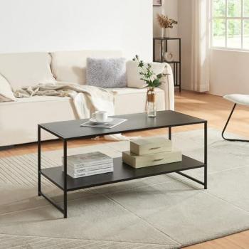 Mesa de Centro Rectangular Ruokolahti con Estante Inferior de Acero 102x43x46 cm - Negro Mate Diseño Industrial