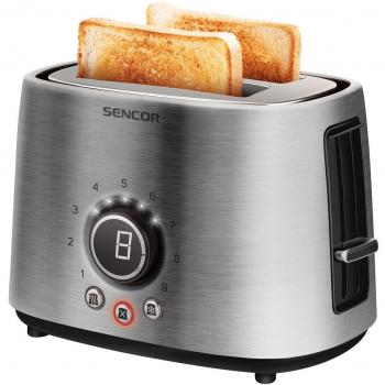 Tostadora Sencor STS 5050SS de 2 rebanadas, 1000W, acero inoxidable con función de descongelar y calentar