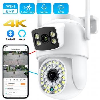 Cámara de Seguridad Wifi 4K 8MP con Doble Lente, Detección Humana AI, Seguimiento Automático y Visión Nocturna a Color 4MP para Exterior (Sin Tarjeta SD)