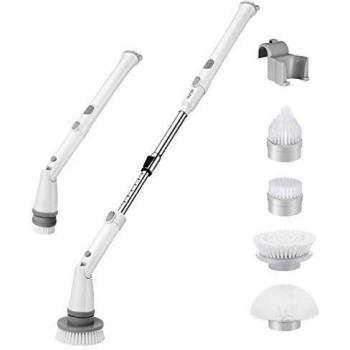 Homitt Cepillo Eléctrico Limpieza, Giratorio Multifunción Spin Scrubber 2 Baterías LG Incorporadas, 300RPM, 64 / 120CM Extensible 4 Cabezales para Bañera, Azulejo, Piso, Pared de Baño y Cocina