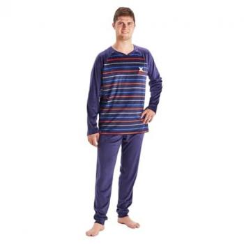 Pijama para hombre de terciopelo morado con rayas, dos piezas, manga larga y cuello redondo