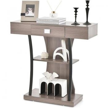 Mesa de Consola Moderna en Forma de T con Cajón y Estantes, Doble Kit Antivuelco para Entrada o Sala de Estar