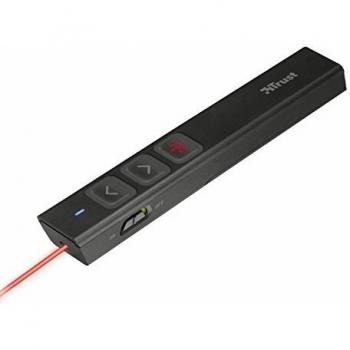 Trust Sqube Ultra-Slim - Presentador Láser Inalámbrico, Color Negro con 4 Funciones PowerPoint, Alcance de 15m y Micro Receptor USB