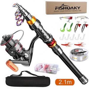 FISHOAKY Combo de Caña de Pescar y Carrete, 2.1M Fibra de Carbono Pesca Telescópica+Carrete de Pesca +Bolsa de Pesca+Cebos+Accesorios de Pesca para Agua Salada y Agua Dulce | Niños y Adultos