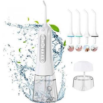 Irrigador Bucal Portátil,4 Modos 4 Boquillas,300ml,Irrigador Dental DIY Modo Multifuncional Recargable,Profesional Lavado Pulsado,IPX7 Impermeable,Limpieza Dientes de Ortodoncia y Dientes de Implante