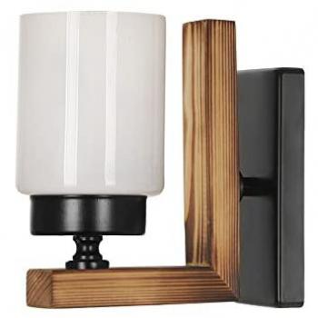 Aplique de Pared Wellhome de Madera con Pantalla de Vidrio, Diseño Boho Vintage, 19x10x19 cm, Casquillo E27 Máx 60W