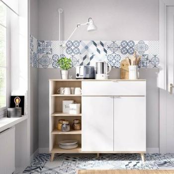 Aparador Sumbra Moderno de 2 Puertas, Despensa de Salón en Blanco y Roble, 120x40x102 cm