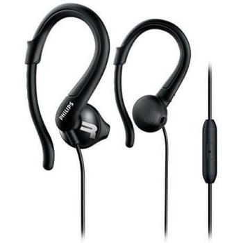 Philips SHQ1255TBK Auriculares para deporte con cable micrófono, gancho, 3 juegos de almohadillas, Negro
