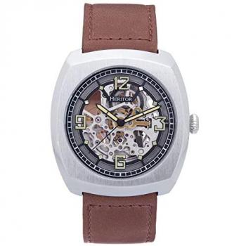 Heritor Automatic Gatling Skeletonized Leather-Band Watch - Silver/Light Brown, One Size