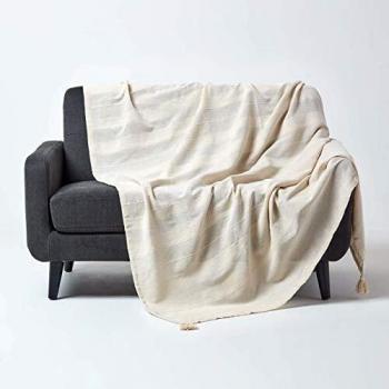 Manta de Algodón Rajput Natural 150 x 200 cm, Hecha a Mano, Certificada OEKO-TEX, Ideal para Cama o Sofá