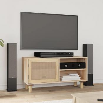 Mueble para TV de madera maciza de pino y ratán natural, dimensiones 80x30x40 cm, color marrón