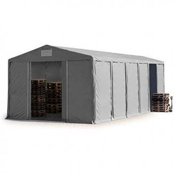 Carpa almacén TOOLPORT 8x12 m, altura lateral 3,6 m, entrada corredera, PVC 850 gris, 100% impermeable