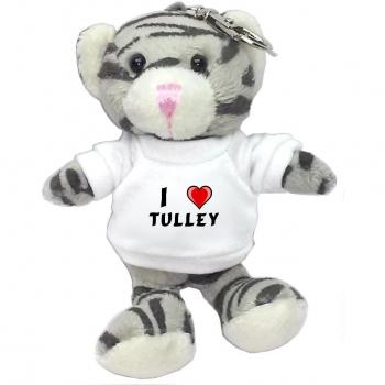 Gato gris de peluche (llavero) con Amo Tulley en la camiseta (nombre de pila/apellido/apodo)
