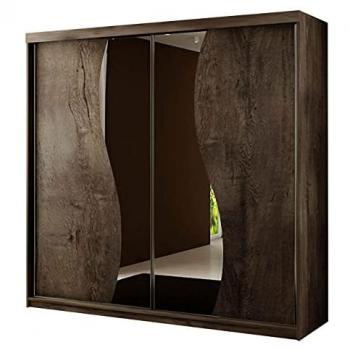 Armario corredero Dover 105, fresno oscuro, 200x200x62cm, con espejo y LED, 9 estantes