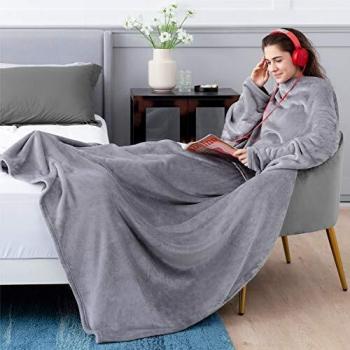 Bedsure Batamanta Polar Mujer Hombre Sofa - Manta con Mangas y Bolsillo para Pies de TV,Blanket Hoodie Suave y Acogedor,Gris,170x200cm