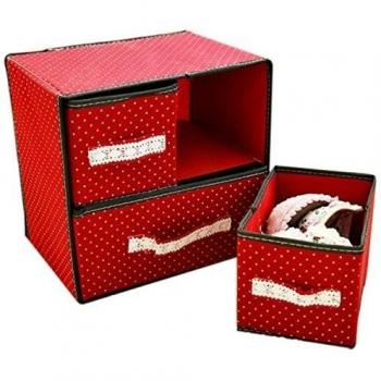 Niyatree - Caja de Almacenamiento Lunares Cajón de Almacenaje Plegable Impermeable 2 Capa 3Cajón Clasificación Accesorios Cosas Pequeñas - Rojo - 30 x 22 x 29