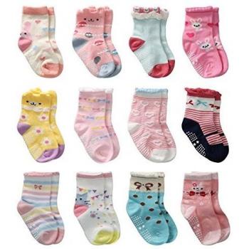 Cottock 12 Pares de Calcetines Antideslizantes para Niñas Pequeñas Algodón Lindo con Puños, Calcetines Antideslizantes para Piñas Pequeñas