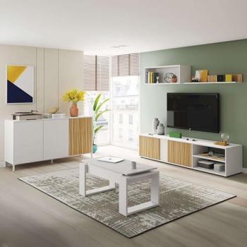 Pack de Muebles de Salón Comedor Moderno en Melamina Color Blanco Mate y Roble Natural