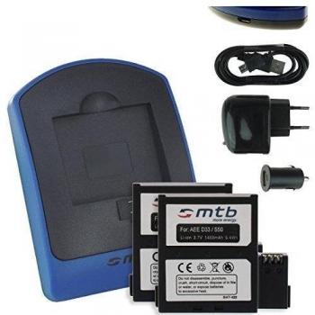 2X Baterìa + Cargador (USB/Coche/Corriente) para AEE Magicam S51, S60, S70. / Veho MUVI K2 / Nilox F-60 EVO (4K) / KitVision Edge HD30W
