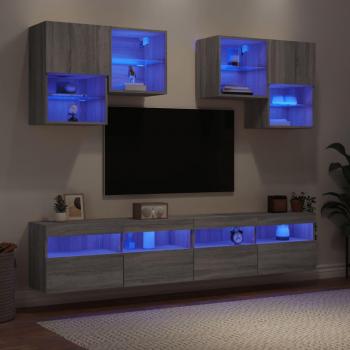 Mueble de Pared para TV 6 Piezas con Luces LED en Gris Sonoma