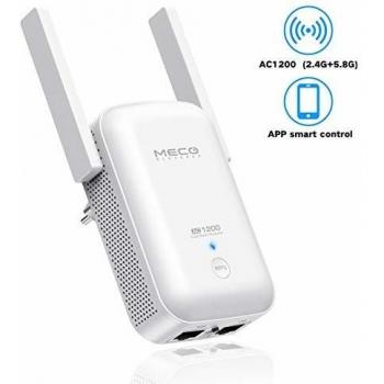 MECO ELEVERDE Repetidor WiFi AC1200 Amplificador Señal WiFi Extensor de Red WiFi Repetidor de Señal WiFi 5 GHz & 2.4 GHz Dual Banda App Control Inteligente 2 Puertos Ethernet Blanco