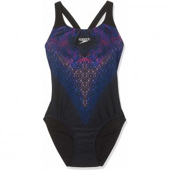 Speedo MirrorGlow Placement Powerback Bañador, Mujer, Negro Espejo Brillante/Azul Croma/orquídea neón, 32