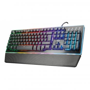 Trust GXT 860 Thura - Teclado Gaming Semi-Mecánico con LED, 9 Modos de Color y Brillo Ajustable, 12 Teclas Multimedia, Placa Superior Metálica, Cable USB de 170cm