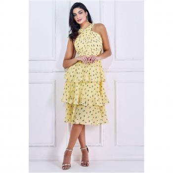 Goddiva Printed Halter Tiered Midi Dress - Light Yellow