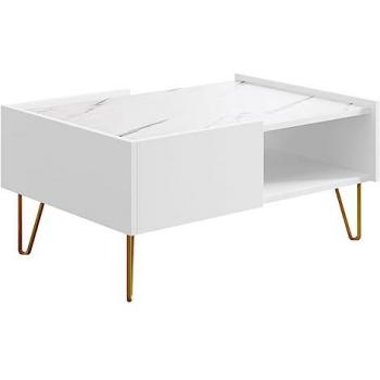 Mesa de Centro Lima M102, Aglomerado Laminado Blanco con Mármol Blanco, 97 x 65 x 45 cm, Diseño Angular
