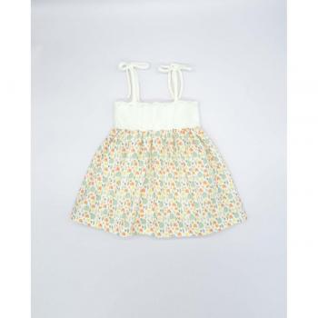 Vestido de niña combinado de tirantes - cuerpo de tricot crudo y falda de hojas