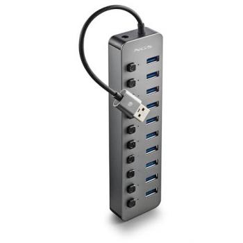 NGS iHub 10 - Hub USB 3.0 con 10 Puertos, Interruptores Independientes, Alta Velocidad 5 Gbps, Compatible con PC y Mac, Incluye Adaptador de Corriente 12V/4