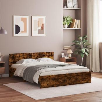 Cama solar con cabecero y LED en roble ahumado, dimensiones 160x200 cm, color marrón