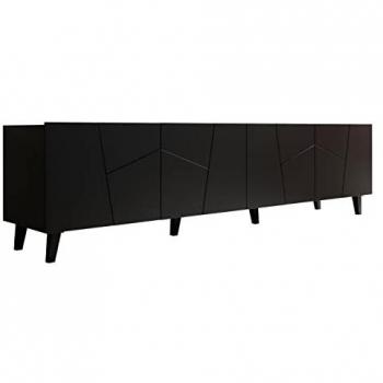 Mueble TV Charlotte 181, negro, 4 puertas, 201x53x42cm, con mecanismo de cierre amortiguado