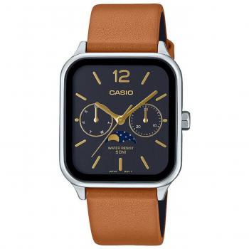 Reloj analógico Casio MTP-M305L-1AVER con correa de cuero, mecanismo de cuarzo, resistencia al agua hasta 50 metros, esfera negra y caja de acero inoxidable