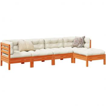 5 Piece Garden Sofa Set with Wax Brown Cushions and Solid Pine Wood