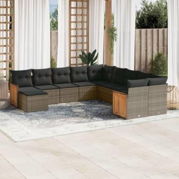 11-Piece Grey Poly Rattan Garden Sofa Set with Cushions