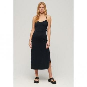 Vestido de punto negro con espalda abierta para mujer Superdry, talla XL, casual, viscosa y modal, sin mangas