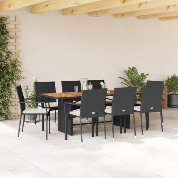 9-Piece Black Poly Rattan Garden Dining Set with Cushions