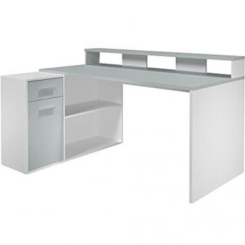 Escritorio Gamer con 1 Puerta y 1 Cajón en Melamina Blanca y Gris, Dimensiones 160-200 x 92 x 115 cm