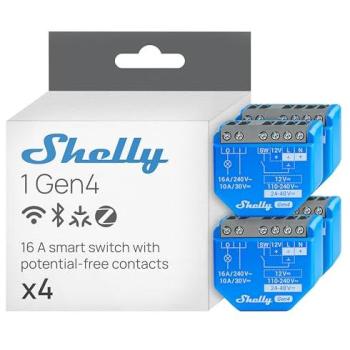 Shelly 1 Gen4 - Módulo interruptor inteligente Wi-Fi, Zigbee y Matter, 1 canal de 16A, control por aplicación y voz (Alexa, Google Home, Apple HomeKit) - Pack de 4 piezas