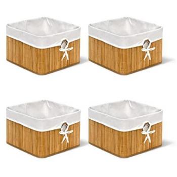 Cajas de Almacenaje Naturales de Bambú - Set de 4 Cestos Plegables con Funda de Tela y Asa Redonda, 20x31x31 cm