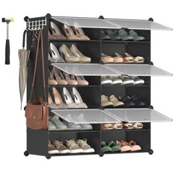 Zapatero Modular de Plástico con 6 Compartimentos y Puertas, Color Negro, Estantería de 30x40x30 cm por Cubo, Marco de Acero