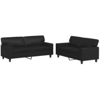 Juego de Sofás 2 PCs Negro en Cuero Sintético con Cojines, Sillones de TV para Salón, Asientos Tapizados Relax
