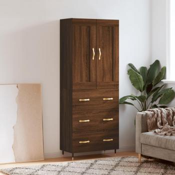 Aparador alto de madera contrachapada marrón roble 69,5x34x180 cm con 3 cajones, mueble de almacenaje para salón, buffet y armario auxiliar