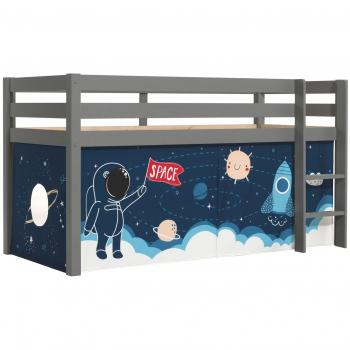 Cama de media altura Vipack Pino 90x200 cm con somier y textil Space Shuttle en pino gris