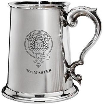 MacMaster Family Crest Polished Pewter 1 Pint Tankard with Scroll handle
