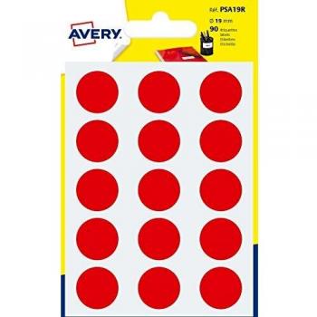 Avery España PSA19R - Bolsas de gomets, color Rojo, medida 19mm, Total 90 gomets