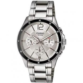 Casio Men's Silver Stainless Steel Watch - MTP-1374D-7A, 43.5mm Water Resistant Dial White