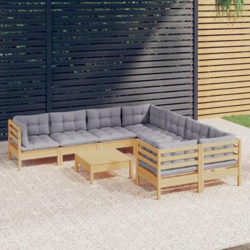 9-Piece Pinewood Garden Lounge Set with Gray Cushions